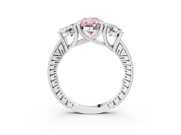 Platinum Three-Stone Fancy Pink Oval  Diamond Milgrain Pave Band with Prong Setting