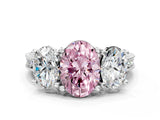 Platinum Three-Stone Fancy Pink Oval  Diamond Milgrain Pave Band with Prong Setting