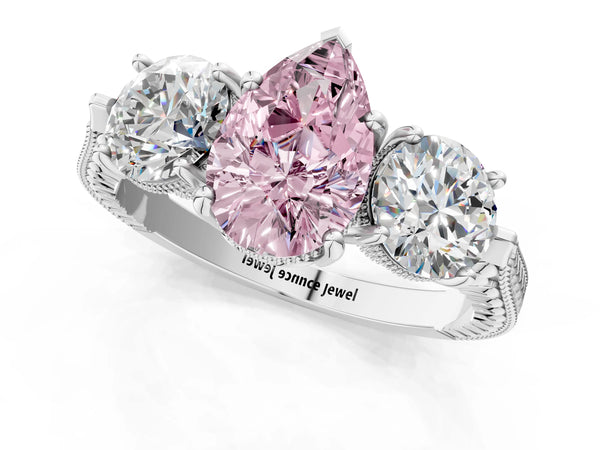 Platinum Pear-Shaped Vintage Three Stone Engagement Ring Setting for Fancy Pink Center