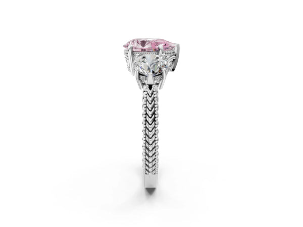 Platinum Pear-Shaped Vintage Three Stone Engagement Ring Setting for Fancy Pink Center