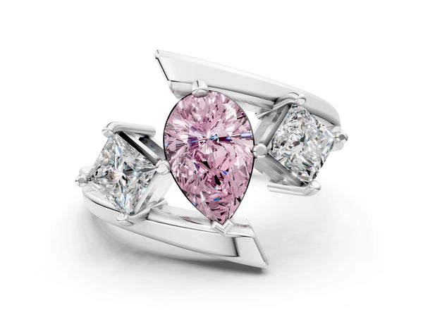 Platinum Three-Stone Fancy Pink Pear Cut Cut Tension Band Ring with Four-Prong Setting