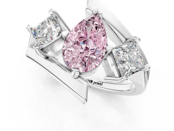 Platinum Three-Stone Fancy Pink Pear Cut Cut Tension Band Ring with Four-Prong Setting