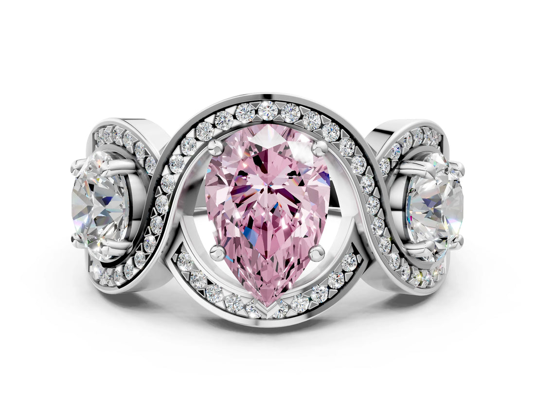 Platinum Three-Stone Fancy Pink Pear Cut Diamond Wave Pave Band with Prong Setting_6