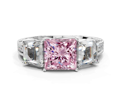 Platinum Three-Stone Fancy Pink Princess Cut Cut Milgrain Pavé Engagement Ring_18
