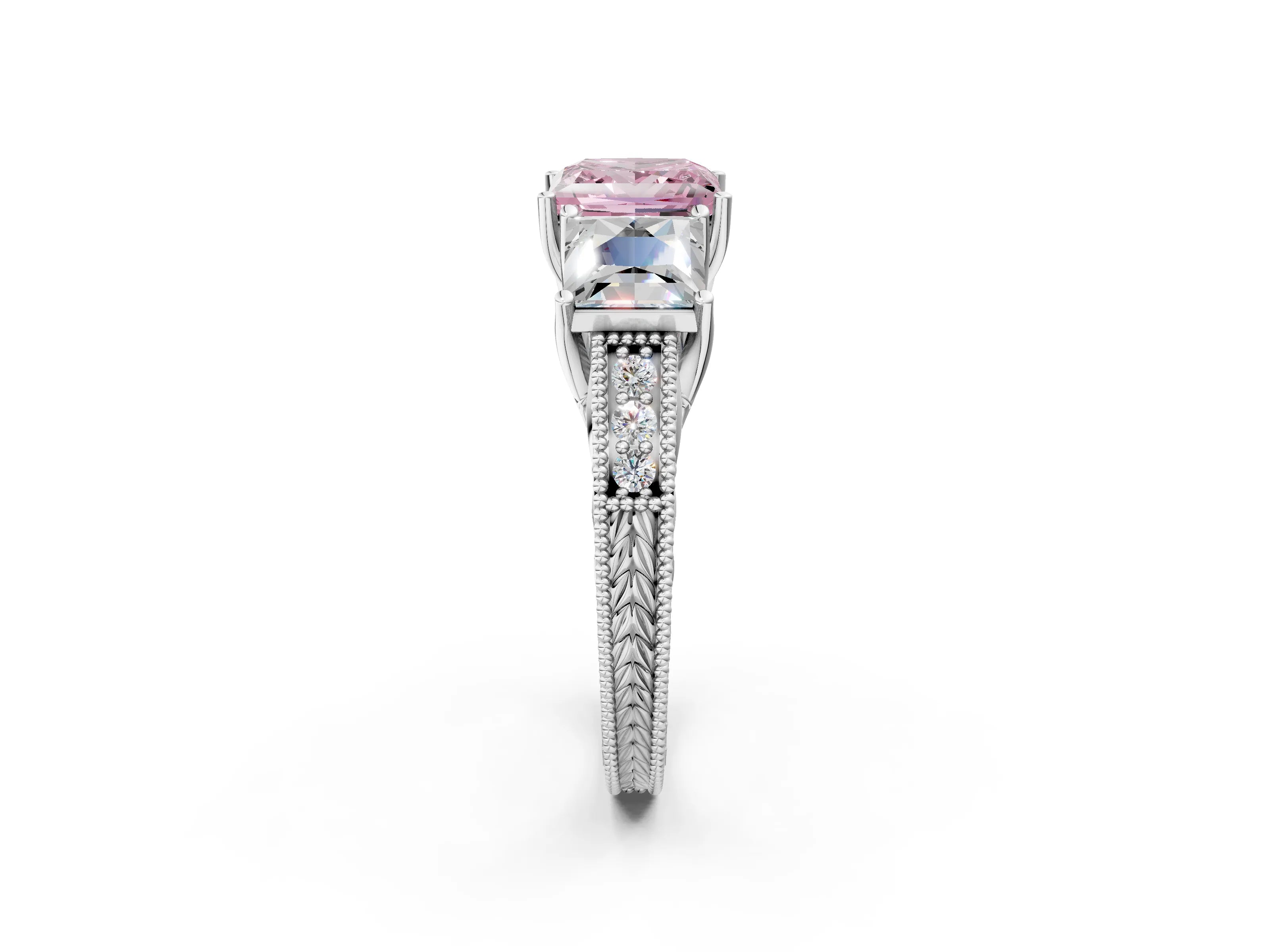Platinum Three-Stone Fancy Pink Princess Cut Cut Milgrain Pavé Engagement Ring_20