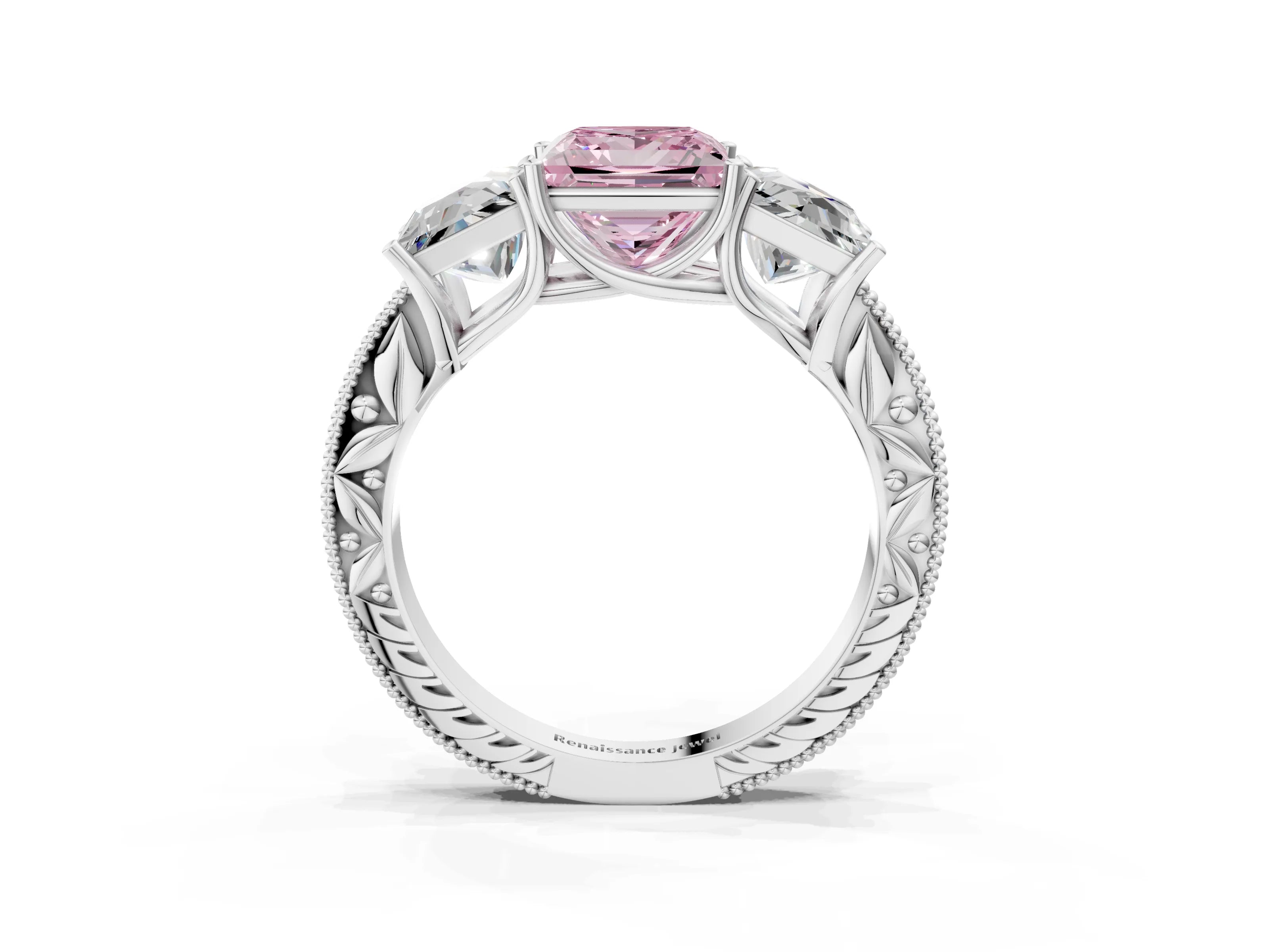 Platinum Three-Stone Fancy Pink Princess Cut Cut Milgrain Pavé Engagement Ring_21