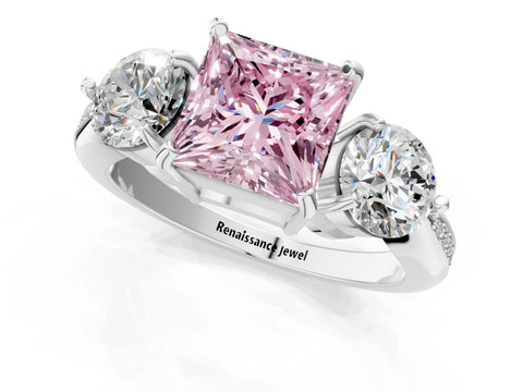 Platinum Three-Stone Fancy Pink Princess Cut Diamond Channel Set Engagement Ring with Prong Setting_27