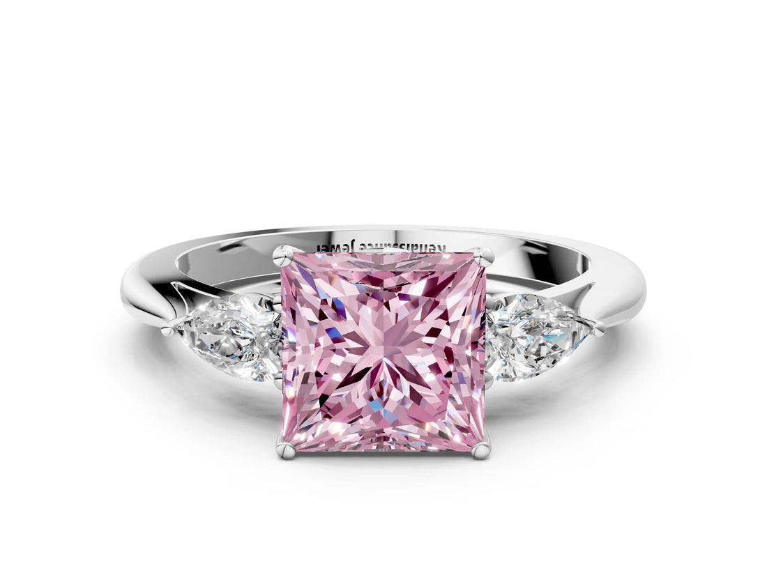 Platinum Three-Stone Fancy Pink Princess Cut Diamond Ring with Pear  Side Stones in Four-Prong Setting_12