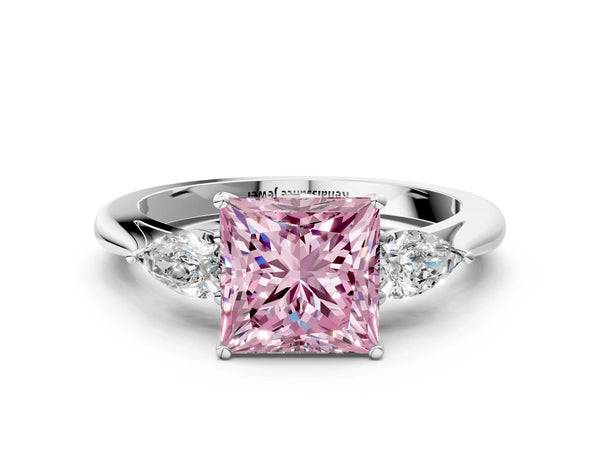 Platinum Princess Cut Engagement Ring Setting for Fancy Pink Center with Pear Side Stones