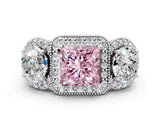 Platinum Three-Stone Fancy Pink Princess Cut Halo Diamond Milgrain Band with Four-Prong Setting_6