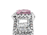 Platinum Three-Stone Fancy Pink Princess Cut Halo Diamond Ring with Pave Band and Four-Prong Setting_11
