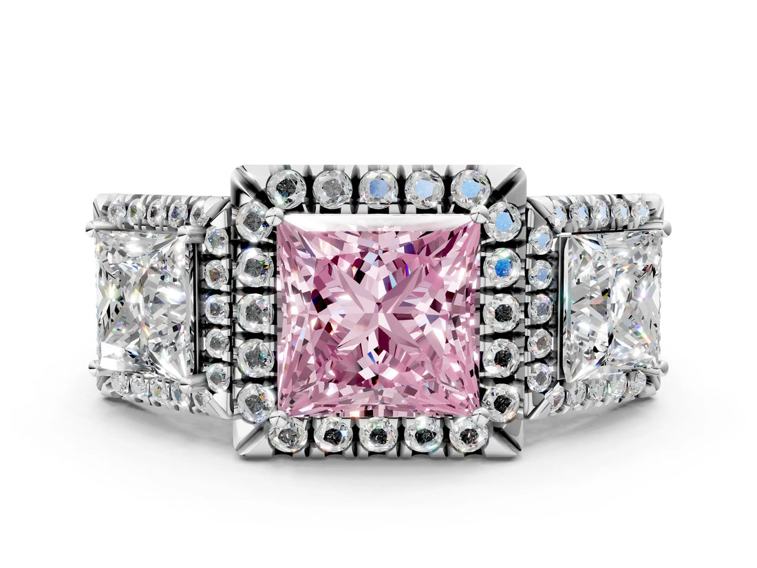 Platinum Three-Stone Fancy Pink Princess Cut Halo Diamond Ring with Pave Band and Four-Prong Setting_6