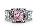 Platinum Three-Stone Fancy Pink Princess Cut Halo Diamond Ring with Pave Band and Four-Prong Setting_6