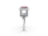 Platinum Three-Stone Fancy Pink Princess Cut Halo Diamond Ring with Pave Band and Four-Prong Setting_8