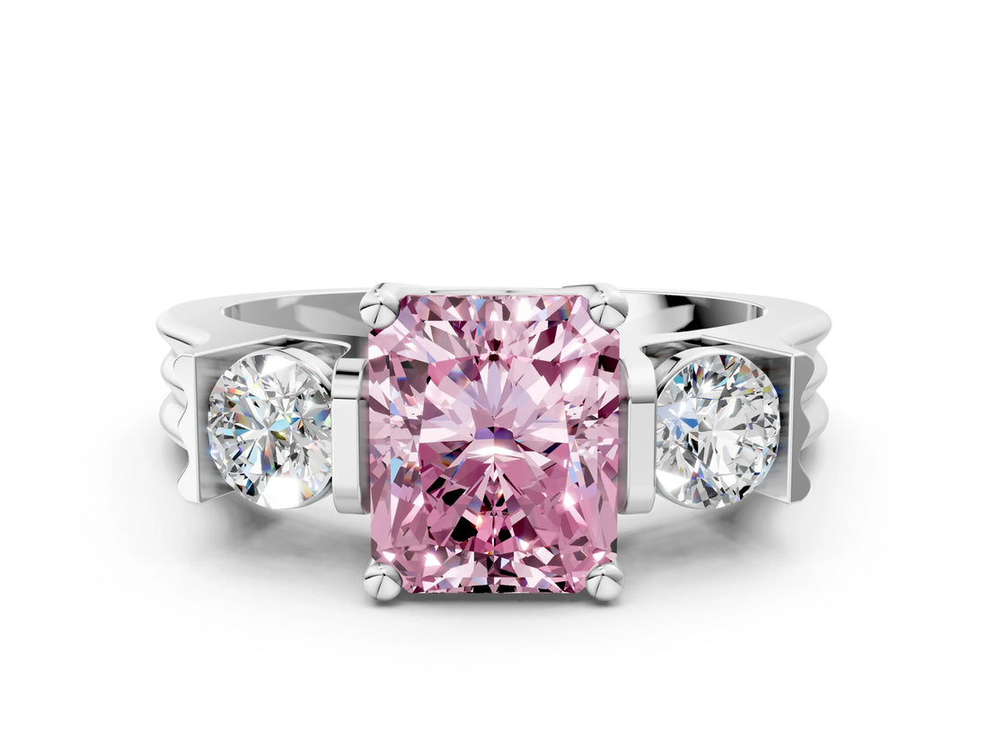 Platinum Three-Stone Fancy Pink Radiant Cut Cut Classic Band Prong Setting Ring_6