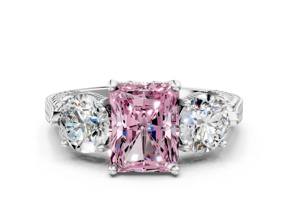 Platinum Three-Stone Fancy Pink Radiant Cut Cut Milgrain Band Prong Setting Ring_6