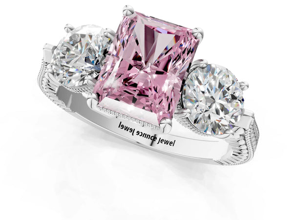 Platinum Radiant Cut Vintage Three Stone Engagement Ring Setting for Fancy Pink Center
