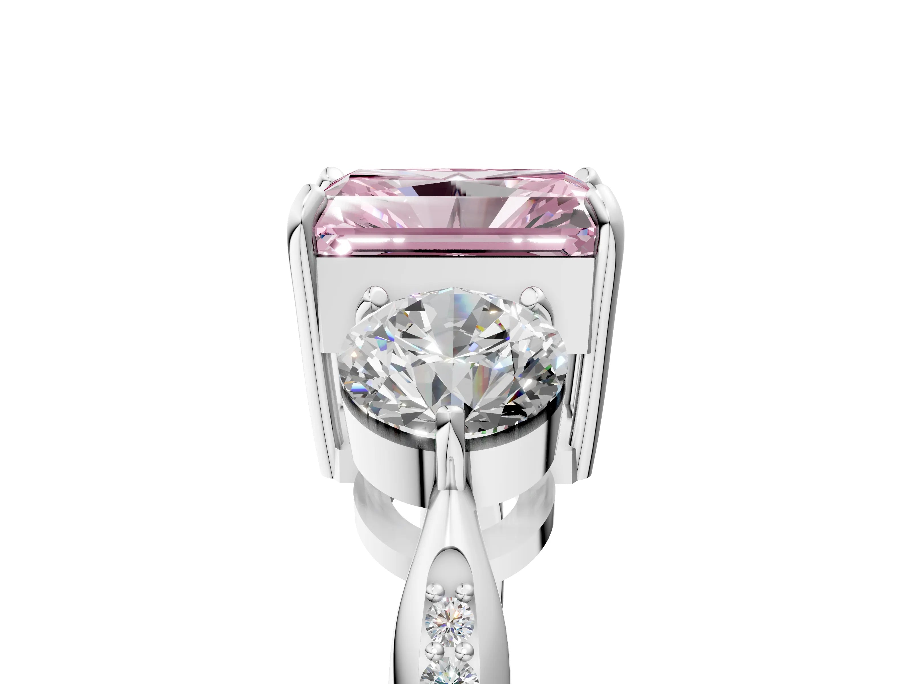 Platinum Three-Stone Fancy Pink Radiant Cut Diamond Channel Set Engagement Ring with Prong Setting_23