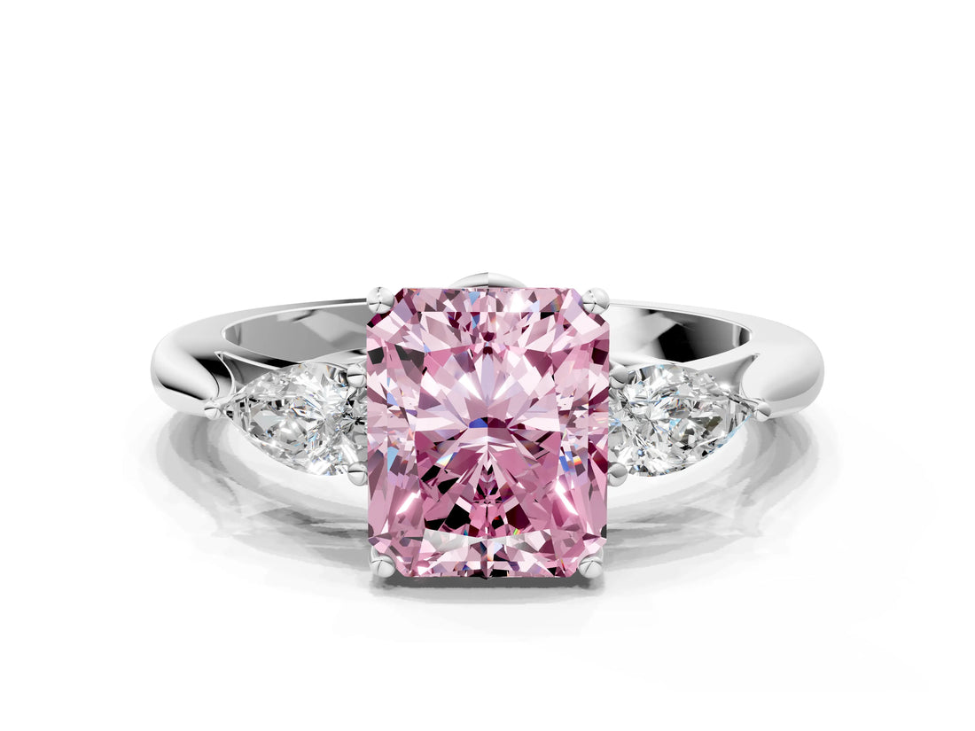 Platinum Three-Stone Fancy Pink Radiant Cut Diamond Ring with Pear  Side Stones in Four-Prong Setting_12