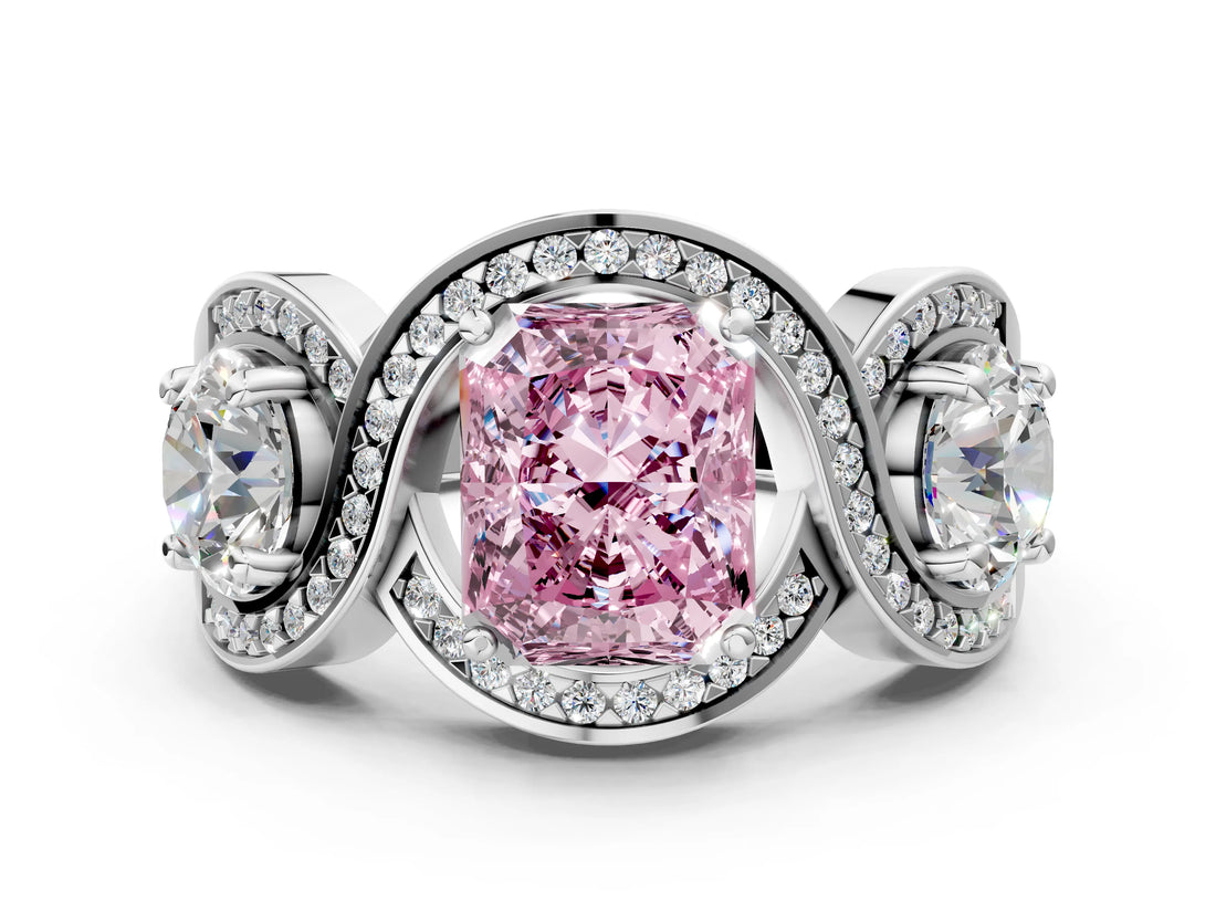 Platinum Three-Stone Fancy Pink Radiant Cut Diamond Wave Pave Band with Prong Setting_36
