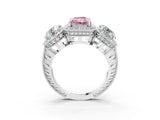 Platinum Three-Stone Fancy Pink Radiant Cut Halo Diamond Milgrain Band with Four-Prong Setting_9