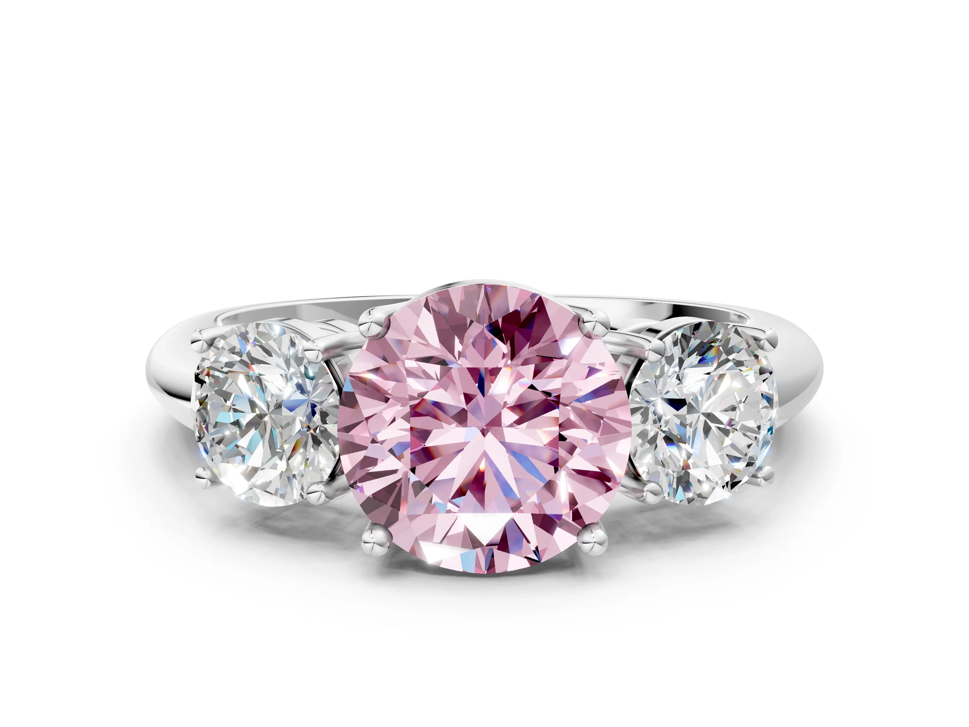 Platinum Three-Stone Fancy Pink Round Cut Cut Diamond Engagement Ring with Prong Setting on a White Gold Band_48