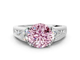 Platinum Three-Stone Fancy Pink Round Cut Cut Diamond Ring with Trillion Side Stones on a Split Shank Band_6