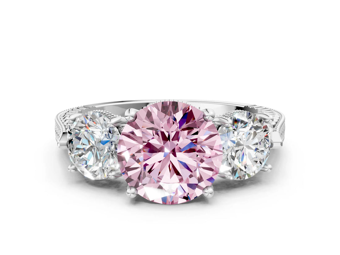 Platinum Three-Stone Fancy Pink Round Cut Cut Milgrain Band Prong Setting Ring_6