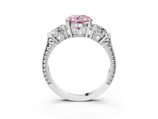 Platinum Round Vintage Three Stone Engagement Ring Setting for Fancy Pink Center