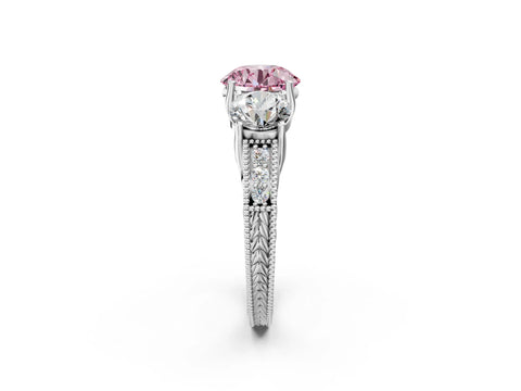 Platinum Three-Stone Fancy Pink Round Cut Cut Milgrain Pavé Engagement Ring_32