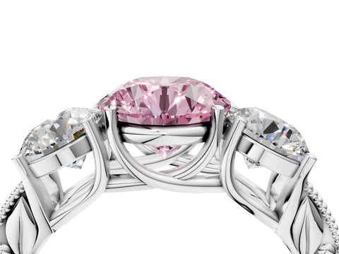 Platinum Three-Stone Fancy Pink Round Cut Cut Milgrain Pavé Engagement Ring_34
