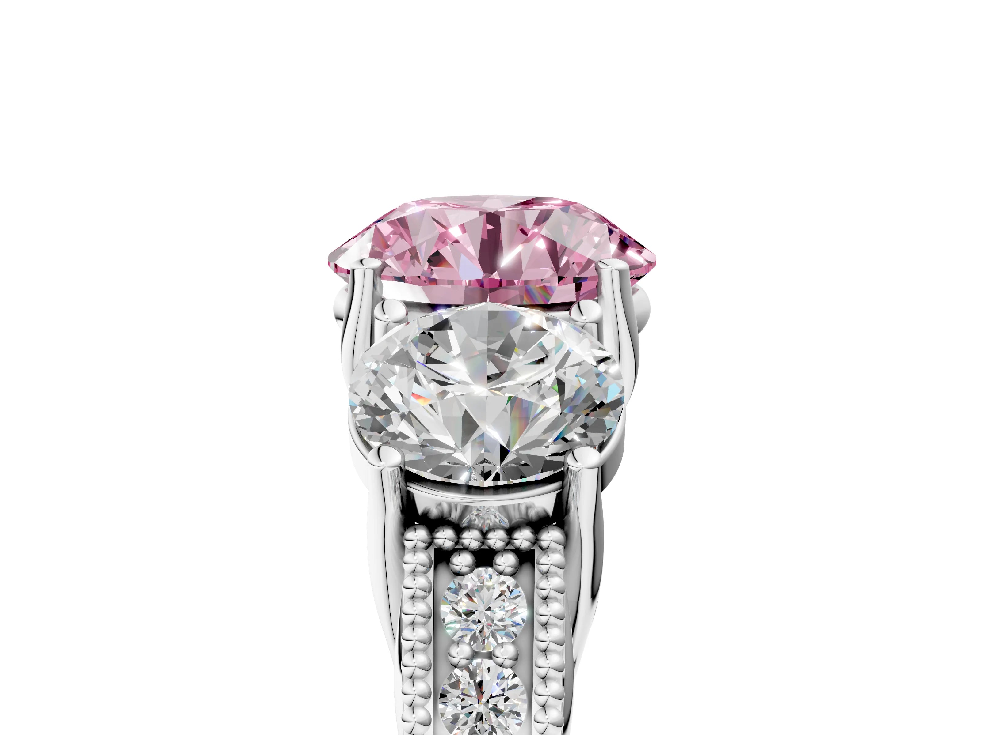 Platinum Three-Stone Fancy Pink Round Cut Cut Milgrain Pavé Engagement Ring_35