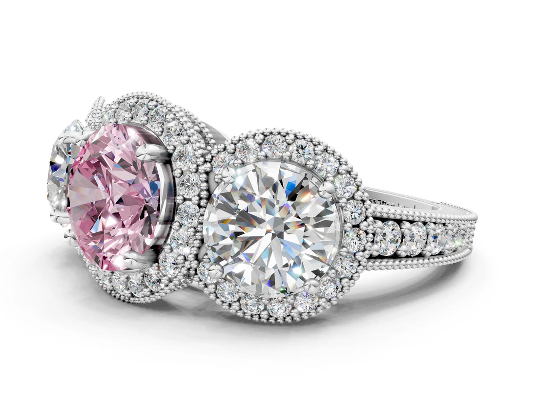 Platinum Three-Stone Fancy Pink Round Cut Halo Diamond Milgrain Band with Four-Prong Setting_12