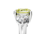 Platinum Three-Stone Fancy Yellow Asscher  Brilliant Cut Solitaire Ring with Prong Setting on a Classic Band