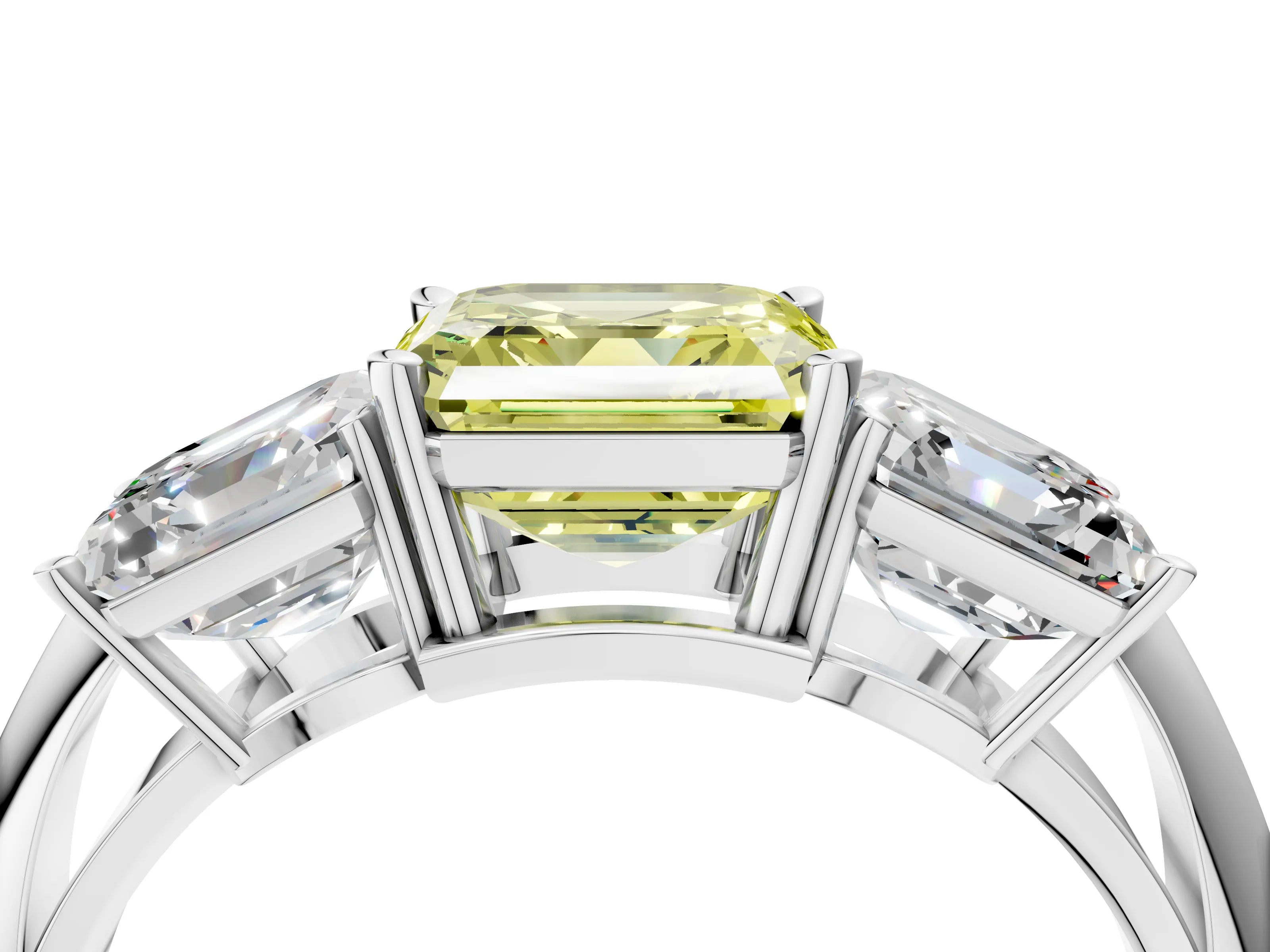 Platinum Three-Stone Fancy Yellow Asscher Cut Cut Diamond Engagement Ring with Prong Setting on a White Gold Band_52