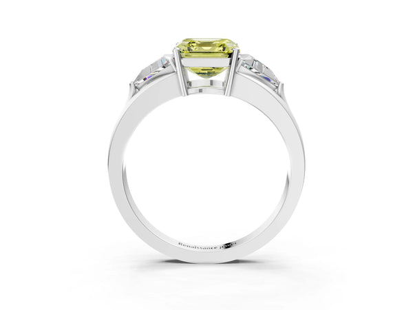 Platinum Asscher Cut Split Shank Three Stone Engagement Ring Setting for Fancy Yellow Center