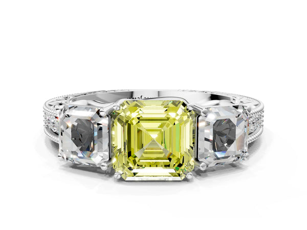 Platinum Asscher Cut Engraved Three Stone Engagement Ring Setting for Fancy Yellow Center