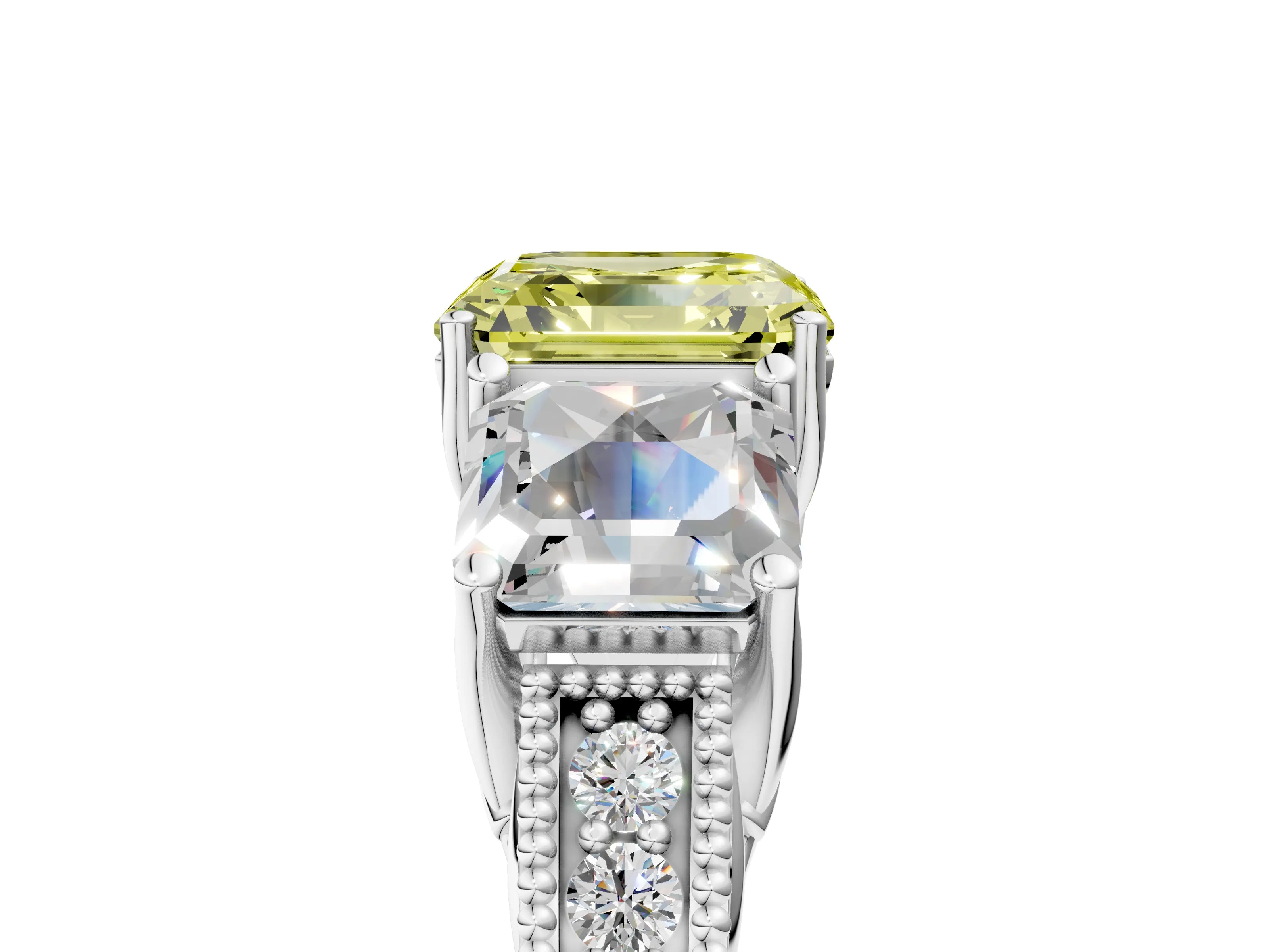 Platinum Three-Stone Fancy Yellow Asscher Cut Cut Milgrain Pavé Engagement Ring_29