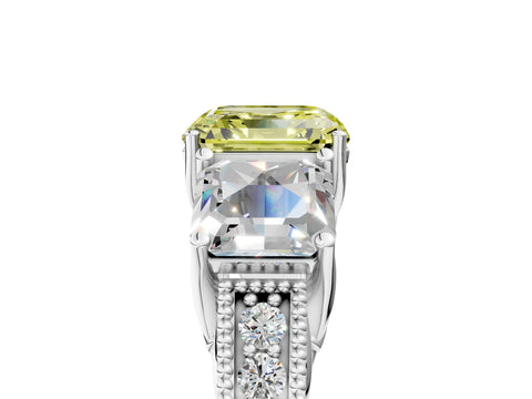 Platinum Three-Stone Fancy Yellow Asscher Cut Cut Milgrain Pavé Engagement Ring_29