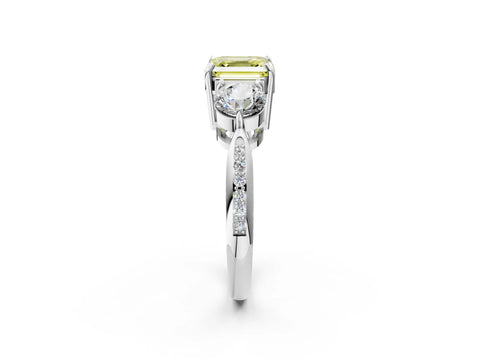 Platinum Three-Stone Fancy Yellow Asscher Cut Diamond Channel Set Engagement Ring with Prong Setting_24