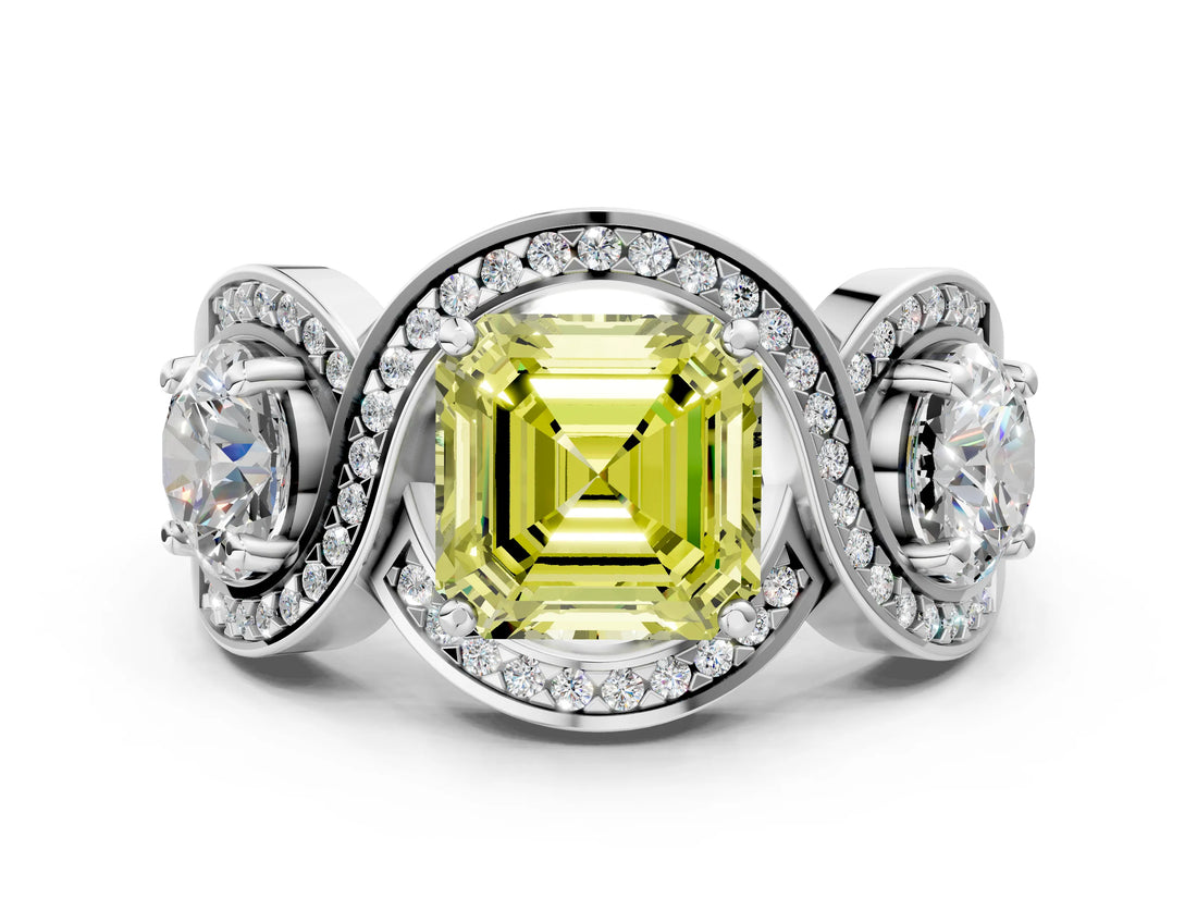 Platinum Three-Stone Fancy Yellow Asscher Cut Diamond Wave Pave Band with Prong Setting_6