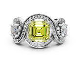 Platinum Three-Stone Fancy Yellow Asscher Cut Diamond Wave Pave Band with Prong Setting_6
