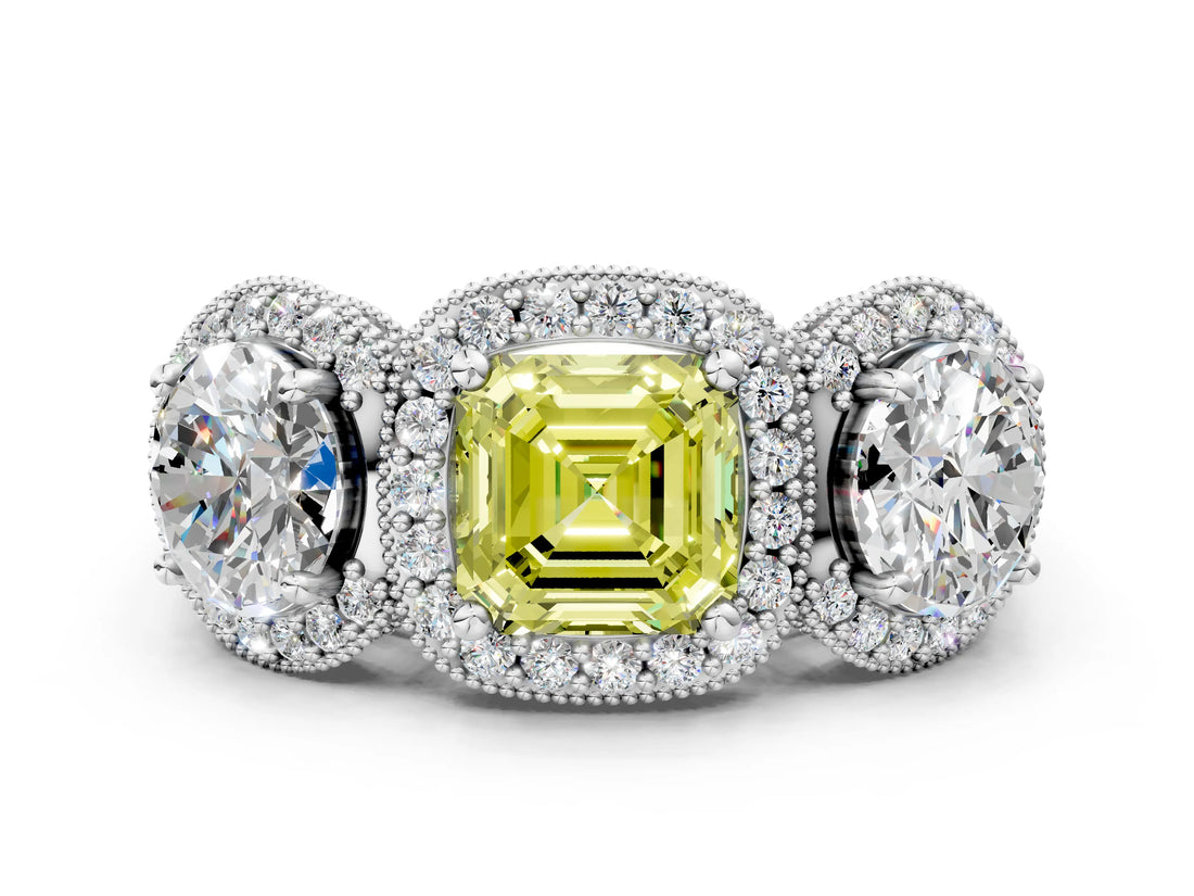 Platinum Three-Stone Fancy Yellow Asscher Cut Halo Diamond Milgrain Band with Four-Prong Setting_6
