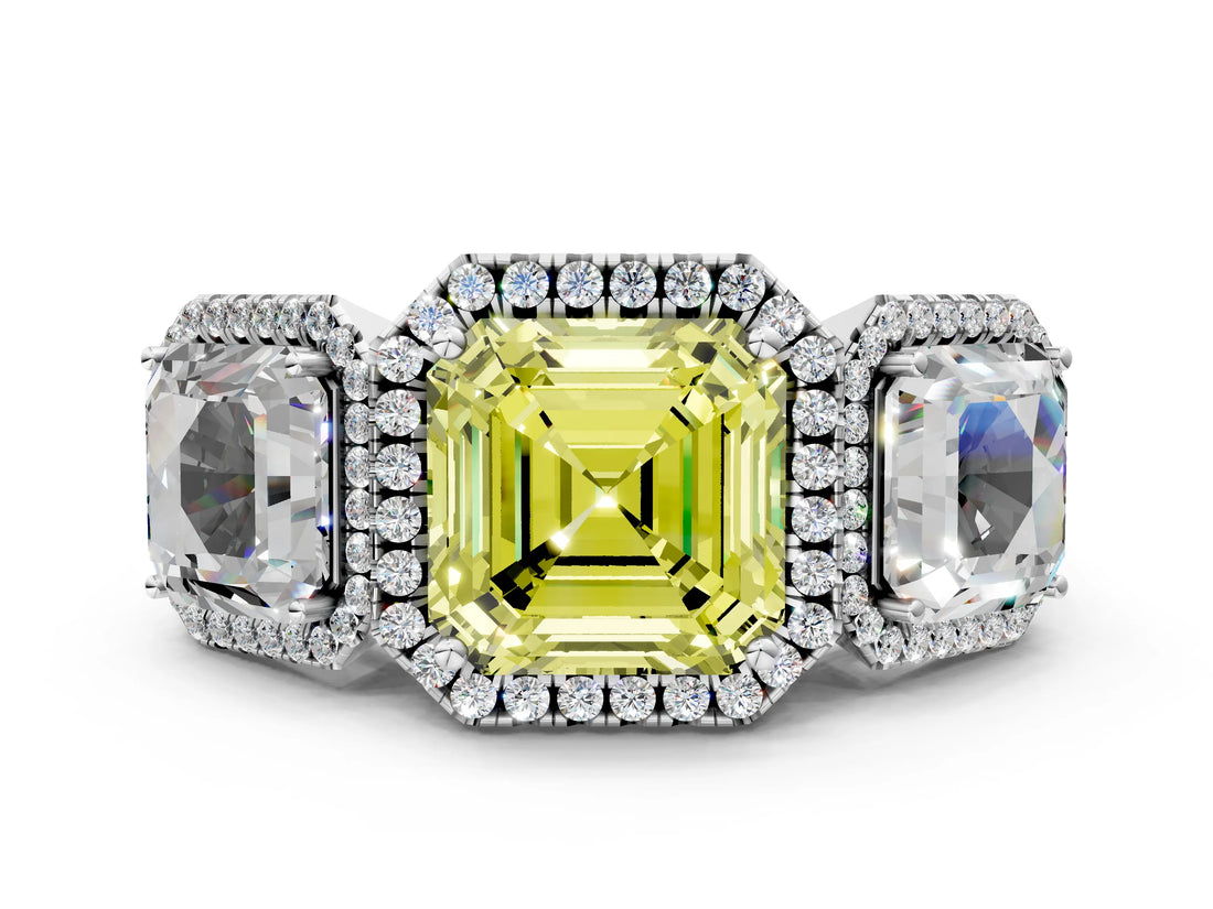Platinum Three-Stone Fancy Yellow Asscher Cut Halo Diamond Ring with Pave Band and Four-Prong Setting_6