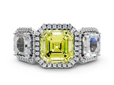 Platinum Three-Stone Fancy Yellow Asscher Cut Halo Diamond Ring with Pave Band and Four-Prong Setting_6