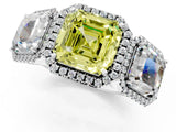 Platinum Three-Stone Fancy Yellow Asscher Cut Halo Diamond Ring with Pave Band and Four-Prong Setting_7