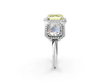 Platinum Three-Stone Fancy Yellow Asscher Cut Halo Diamond Ring with Pave Band and Four-Prong Setting_8