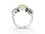 Platinum Three-Stone Fancy Yellow Asscher Cut Halo Diamond Ring with Pave Band and Four-Prong Setting_9