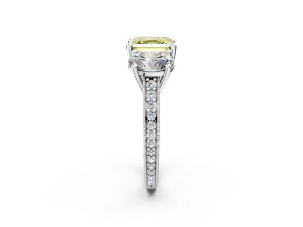 Platinum Asscher Cut Three-Stone Engagement Ring Setting for Fancy Yellow Center with Pave Band