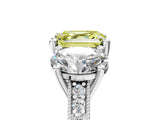 Platinum Three-Stone Fancy Yellow Asscher  Diamond Milgrain Pave Band with Prong Setting